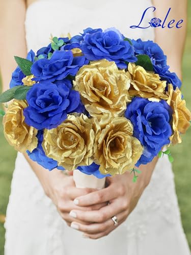 108pcs Roses Head Flowers with Stem - Blue & Gold Artificial Flowers Rose Bulk - Silk Royal Blue Gold Rose Fake Flower for Wedding Bouquet Home Baby Shower DIY Centerpieces Tables Grad Party Decor - color: Gold-blue