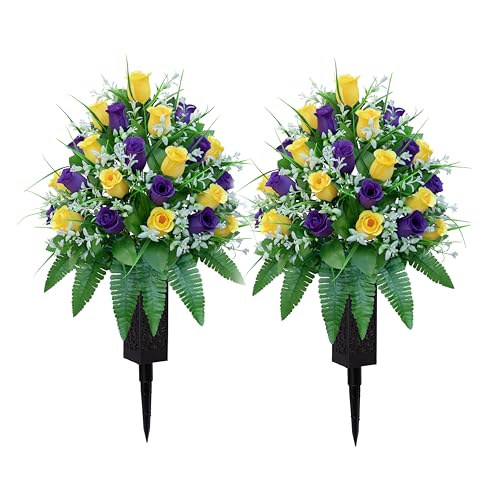 LVXINLI Artificial Cemetery Flowers, Gravesite Decoration Roses, Memorial Bouquets with Cemetery Vase, Vibrant and Long-Lasting Colors （ Yellow+Purple, 2 Bundles - color: Yellow+purple