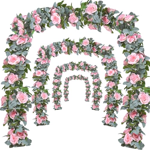 Flower Garland Rose Vine 4Pcs 28FT Artificial Floral Garland with Green Leaves Hanging Rose Vine for Wedding Party Garden Home Wall Decor (Light Pink) - color: Light Pink