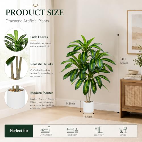 Artificial Dracaena Tree-4FT Fake Plants with White Planter-Artificial Plants Indoor Floor Plant in Pot-Tropical Fake Yucca Potted Tree for Home Office Living Room Decor - color: White, size: 4 FT