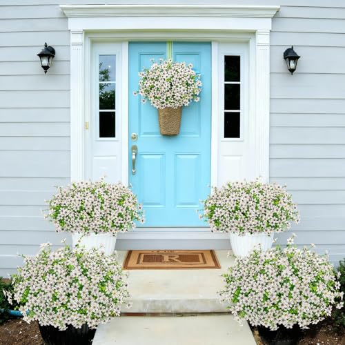 Bassion 20 Bundles Artificial Flowers for Outdoors Decorations, UV Resistant Faux Plants Fake Silk Flowers for Outside Daisy Hanging Planters Window Box Front Door Porch Patio Yard Home Decor - color: White