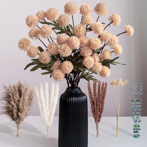 RoseTalk Simulation Flower Decor Luxury Faux Flower Arrangements – Realistic Artificial Flowers with Beige & White Peonies, Dried Pampas Grass, Bunny Tails & Eucalyptus - color: Beige