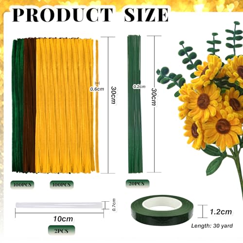 TOAOB 200pcs Pipe Cleaners Craft DIY Sunflowers Bouquets Making Kit Chenille Stems Artificial Flowers Craft Kit for DIY Art and Crafts Home Decorations Yellow Brown Dark Green - color: Yellow/Brown/Dark green
