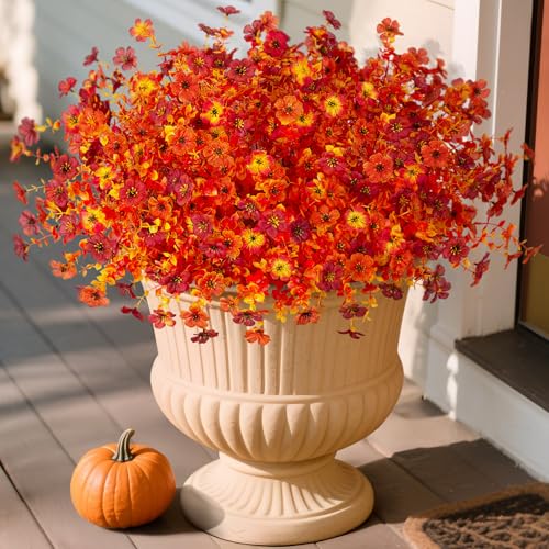 INXUGAO Artificial Fake Mums Fall Flowers for Outdoor Outside Decoration 12 Bundles Faux Silk Flowers Plants Realistic Daisy UV Resistant Fall Décor Autumn Front Door Porch Patio Yard Decoration - color: Y2-red Orange Sunset