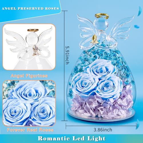 Beferr Gifts for Mom Birthday Gifts for Women, Fresh Flowers for Delivery Forever Preserved Rose in Glass Angel Figurine, Anniversary Christian Real Rose for Grandma Wife Mother from Daughter Son - color: K Light Blue