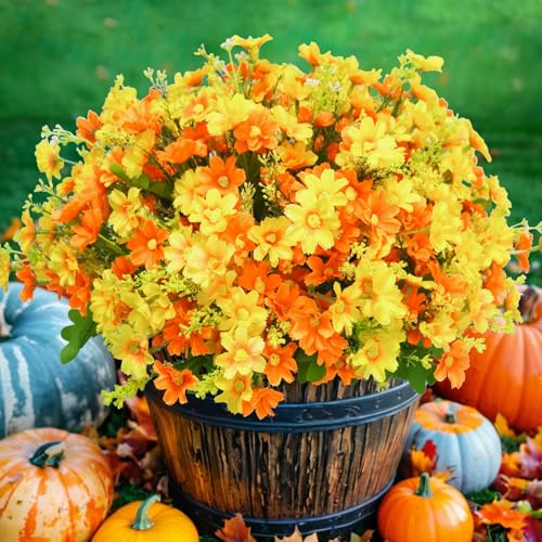 Uieke 12 Bundles Artificial Flowers for Outdoors UV Resistant Fake Daisy Mums Flowers Bulk No Fade Greenery Shrubs for Outside Home Wedding Window Box Garden Porch Fall Décor (Orange Yellow) - color: Yellow,orange, size: 12