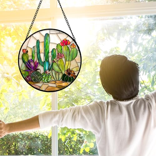 DASTOLL Stained Glass Window Hanging, White Green Cactus Suncatcher Diamond Glass Panel Hangings Sun Catchers Decor for Birthday for Women, Men, Wife, Aunt, and Mom 11.8x11.8 in - color: Green, size: 11.8x11.8 IN