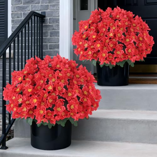 Juxdp 2 Sets of Artificial Camellia Topiary Ball Trees for Front Door(Red) | No Assembly Required, Fade-resistant, Fake Flower Potted Plants, Faux Potted Bushes, for Farmhouse/Porch/Garden/Outdoor Decor - color: Red