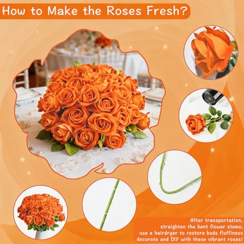 Rose Artificial Flowers Velvet Bouquet with Long Stem Real Touch Fake Roses Florals for Bridal Wedding Bouquet Party Arrangement Centerpiece Decorations (36, Orange) - color: Orange