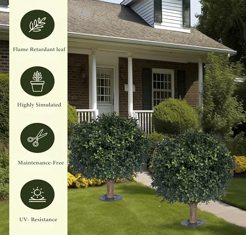 BLONYUVC Artificial Boxwood Ball Bush 27" Tree UV Resistance Rated with Spike. Easy to Push in The Ground.Plant Looks Great in a Planter Anywhere. Indoor/Outdoor Decor 2 Pack