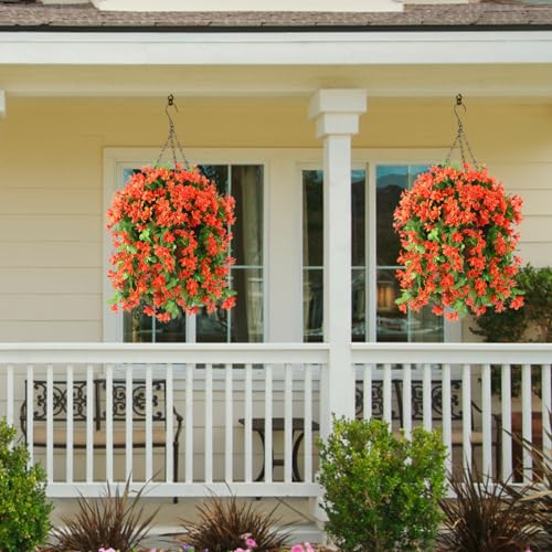 INQCMY Artificial Faux Hanging Plants Flowers in Basket for Outdoor Outside Spring Decor,UV Resistant Fake Silk Violet in Planter Realistic for Home Patio Balcony Garden Yard Decoration(Orange) - color: Orange