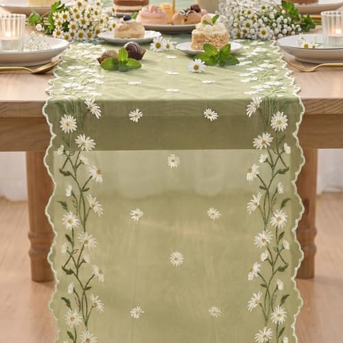 Artoid Mode Daisy Floral Fern Green Shaped Gauze Embroidery Table Runner 120 Inch 10FT, Tulle Spring Summer Kitchen Dining Table Decor for Home Party - color: Fern Green