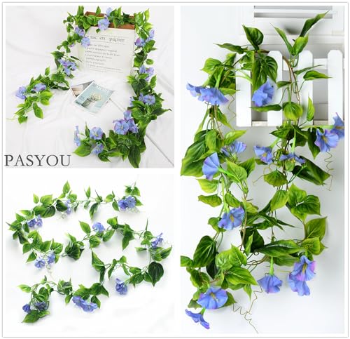 Fake Purple Morning Glory Plants, Artificial Hanging Vines Silk Flowers Decor Faux Ivy Plastic Greenery Garland Plant for Home Garden Yard Wall Fence Stairway Wedding Party Baskets Decoration 2 Pack - color: Morning Glory Vines - Purple 2 Pcs