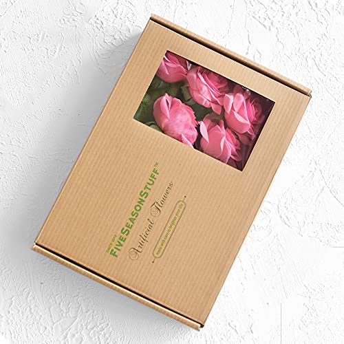 FiveSeasonStuff Rose Pink Real Touch Artificial Roses, 12 Faux Silk Flower Stems with Bendable Wire and Green Leaves for Vase Arrangements - color: Rose Pink