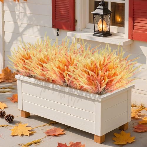 Artificial Fall Flowers Faux Mums for Outdoor, 15 Bundles Fake Flower Lavender UV Resistant Faux Plants No Fade for Front Door Porch Garden Yard Patio Outside Autumn Decor(Orange) - color: Orange