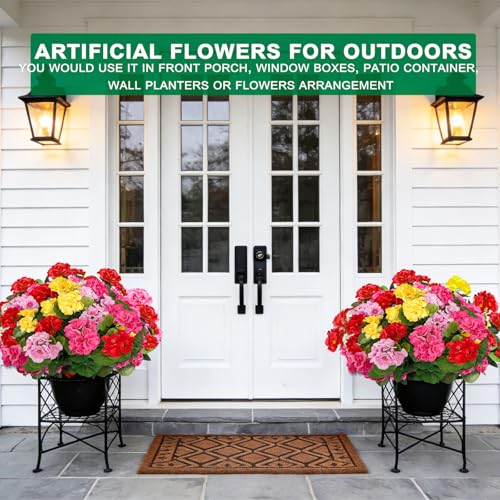 TURNMEON Artificial Geraniums Flowers for Outdoors Summer Decoration, 4 Bundles Fake Flowers Silk Color Flowers UV Resistant No Fade Faux Plants for Planter Gardens Table Porch Indoor Cemetery Decor - color: Colors
