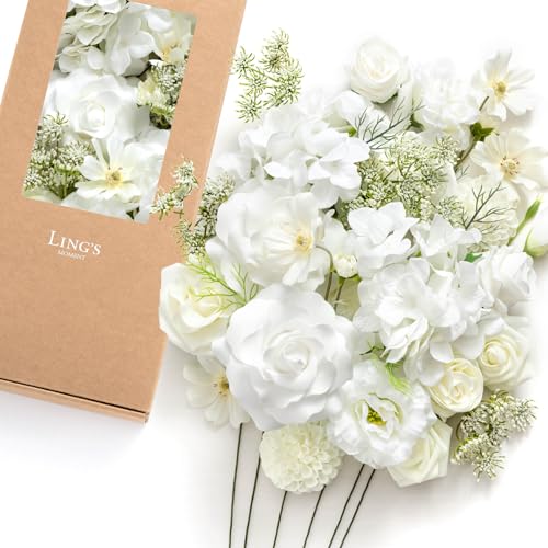 Ling's moment Fake Flowers Box, Artificial Faux Greenery Stems Silk Hydrangea Foam Rose for Wedding Bouquets Centerpieces Table Decorations Floral Picks Arrangements, White & Cream, Deluxe Combo - color: Wht-white & Cream, size: Deluxe