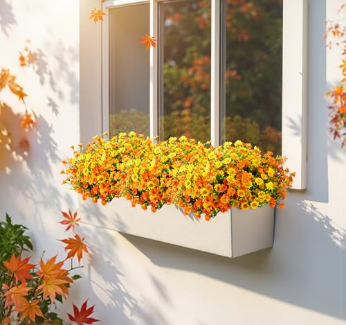 Artificial Mums Fall Fake Flowers for Outdoors, 10 Bundles Faux Mums Autumn Decorations,UV Resistant Silk Flowers for Outside Front Porch Garden Patio Home Planters Decor (Yellow & Orange) - color: Yellow & Orange
