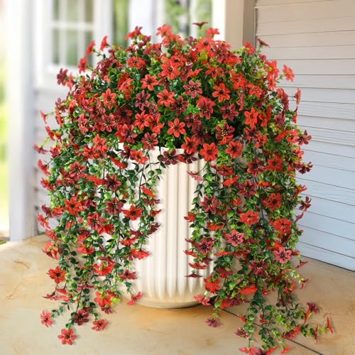 ZFProcess Artificial Hanging Flowers for Outdoors, 2 Pcs Fake Hanging Plant Spring Summer Decor, UV Resistant No Fade Realistic Faux Flower for Front Door Porch Planter Patio Garden Yard(Red Brown) - color: Red Brown