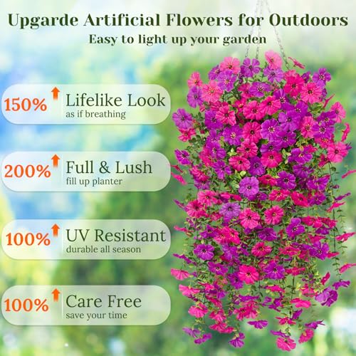 Dolicer 4 Pcs Look Real Artificial Flowers for Outdoors, Realistic Fake Artificial Hanging Flowers for Outdoors UV Resistant Silk Faux Hanging Plants Flowers for Porch Patio Garden (Purple+Fuchsia) - color: Purple+fuchsia, size: 4 Pcs