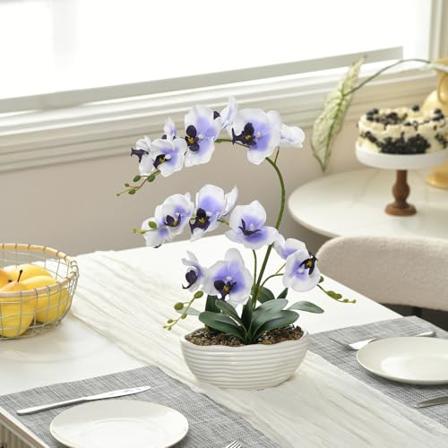 19" H Phalaenopsis Faux Orchid Plant Silk Orchid Centerpiece Artificial Floral Arrangement in Ceramic Pot (White and Purple) - color: White and Purple
