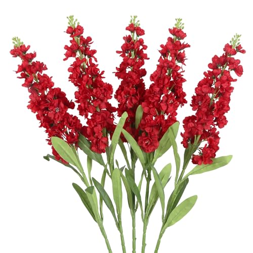Red Delphinium Artificial Flowers 5PCS Silk Flowers with Stems Snapdragon Long Stem for Tall Vase Home Wedding Centerpieces Decor (Red) - color: Red