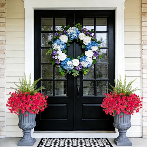 Hrobek Artificial Flowers for Outdoors Faux Plants Outside Indoor,UV Resistant Silk Fake Petunia Ferns for Home Patio Garden Back Yard Front Porch Decor(13 Bunches,Hot Pink) - color: 2 Color Mixed (12 Hot Pink,1 Tall Fern)