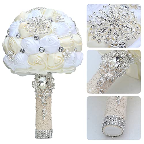 Sharebeauty 7.9 Inch Handmade Satin Rose Bridal Bouquet Toss Round Wedding Bouquet Throw Toss Artificial Flower Bunch Ivory + White - color: W3217d02 Ivory/White