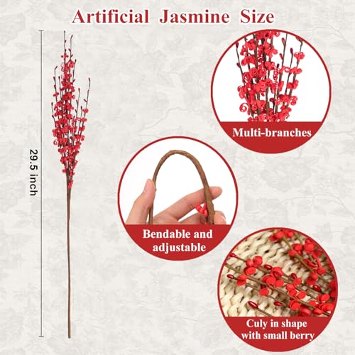 10Pcs Long Stem Jasmine Red Flowers Artificial Valentine's Day 29.5"/75cm Faux Jasmine Bouquet for Wedding Floral Arrangement Home Office Party New Year Festival Decoration - color: Red, size: 10 PCS