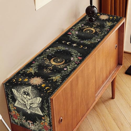Gothic Moth Table Runner, Boho Gothic Sun Moon Phase Wildflower Mystical Witchy Farmhouse Coffee Table Center Decor for Home Kitchen Dining Patio Holiday Party Table Decorations 13x36 inches - color: Tr-moth01, size: 13x36" Table Runner