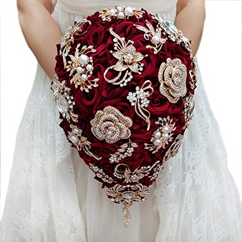 YIFUwedding Bride Water Drop Wine red Bouquet Navy Blue Wedding Luxury Jewelry Proposal Bridesmaid Groom Corsage Wrist Flower Decoration (Burgundy Bouquet) - color: Burgundy Jewelry Drop Bouquet