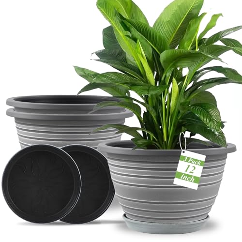 KPUVX Large-Planter-Indoor-Outdoor Plant Pots, 12 inch 3 Pack Plastic Flower Pots with Saucer and Drainage Holes, Retro Antique Imitation Decorative Garden Containers Sets for Houseplant - color: White