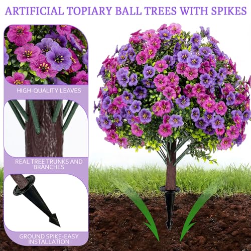 Artificial Boxwood Topiary Ball Trees with Violet Flowers with Spikes for Outdoor 27" Set of 2, UV Resistant Faux Greenery Shrubs, Realistic Fake Bushes Plants for Garden Front Porch Patio Decor - color: Boxwood Violet