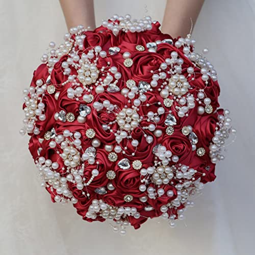 Burgundy Bridal Wedding Bouquet with Rhinestone Brooch Pearl Bouquet for Bride Bridesmaid Quinceanera Satin Red Rose Flower Bouquet Wedding Burgundy 8.7in - color: Burgundy (Standard Size: Dia.8.7")