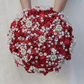 Burgundy Bridal Wedding Bouquet with Rhinestone Brooch Pearl Bouquet for Bride Bridesmaid Quinceanera Satin Red Rose Flower Bouquet Wedding Burgundy 8.7in - color: Burgundy (Standard Size: Dia.8.7")