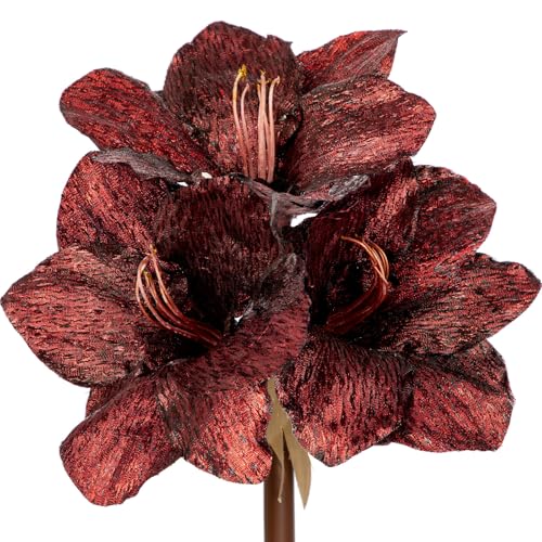 Briful Amaryllis Artificial Christmas Flower Stems, 19.7" Burgundy Glitter Faux Amaryllis with Detachable Heads for Xmas Home Party Wedding Bouquet Vase Arrangement Decor - color: Burgundy