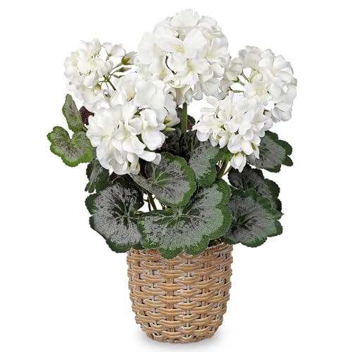 Briful Artificial White Geranium Flowers in Woven Basket, 14.5’’ Tall Silk Flower Arrangement, Realistic Geraniums Artificial Outdoor Plants for Home Indoor Farmhouse Table Wedding Centerpiece Decor - color: 14.5'' Tall White, Woven Basin