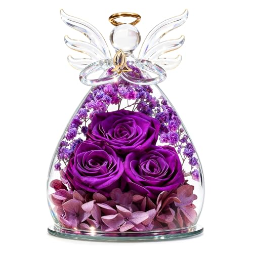 Beferr Gifts for Mom Birthday Gifts for Women, Fresh Flowers for Delivery Forever Preserved Rose in Glass Angel Figurine, Anniversary Christian Real Rose for Grandma Wife Mother from Daughter Son - color: A Purple-p