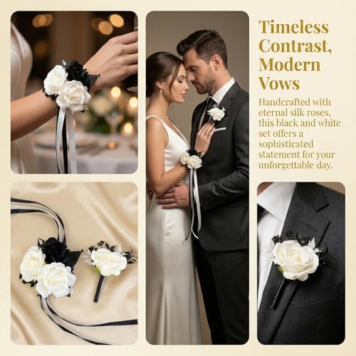 Wedding Flower Set with Rose Corsage and Boutonniere for Men (Black & White) - color: Black & White
