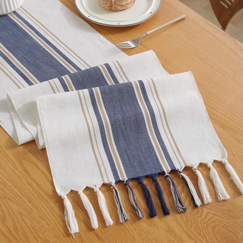 Niviy Blue Table Runner 72 Inches Long with Tassels, Summer Blue Decor Washable Embroidered Striped Braided Boho Table Runners for Wedding Bridal Baby Shower Decoration 12 x 72 Inches - color: Blue, size: 12 x 72 Inches