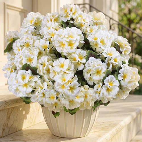lovemoon 8 Pcs Artificial Geraniums for Outdoors Realistic Silk White Flowers UV Resistant Faux Geranium Flowers for Outdoor Front Door Porch Home Garden Office Decoration (8, White) - color: White