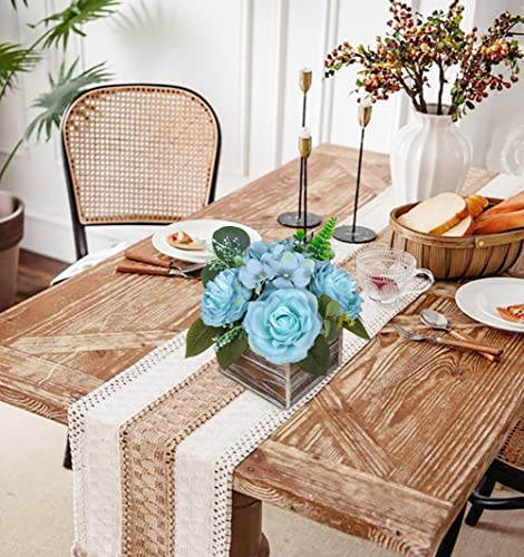 DILATATA Flower Arrangement with Wooden Vase 8" Artificial Flowers in Pot - Fake Flowers Roses Peonies Hydrangeas in Wooden Vase Potted Flower Centerpieces for Table Decor Living Room - Dusty Blue - color: 8"h Dusty Blue