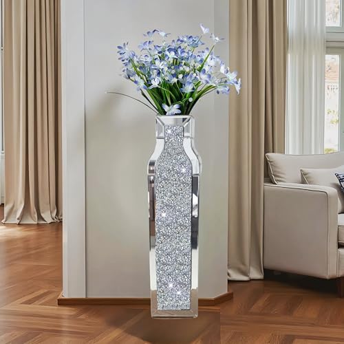 24" Tall Floor Vase, Double Sided Crushed Diamond Mirrored Vases,Large Flower Vase for Home Decor, Mirror Glass Decorative for Living Room,Office,Centerpiece (Crushed Diamond:6.2''L X 4.1''W X 24''H) - size: Crushed Diamond:6.2"L X 4.1"W X 24"H