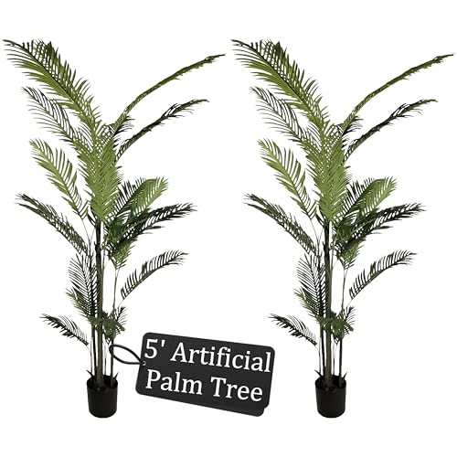 2-Pack Real Touch Faux Olive Tree with 1390 Leaves & 86 Olives, Indoor Potted Fake Plants, Nearly Natural Artificial Plants for Mediterranean Home Decor (Green, 5ft-Palm Tree) - size: 5ft-Palm Tree