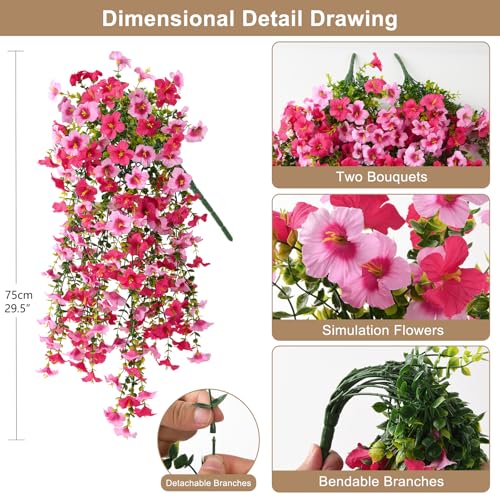 Artificial Hanging Flowers Plants for Outdoor Spring Summer Decoration, 2PCS Faux Silk Morning glory UV Resistant Look Real for Outside Home Indoor Planter Porch Garden Yard Decor(Rose Red Pink) - color: Rose Red Pink