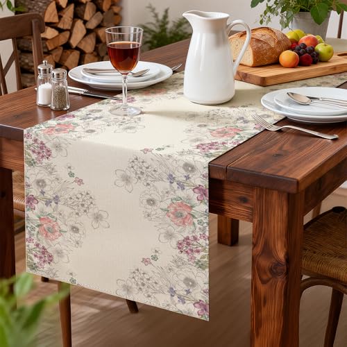 Larponder Summer Colorful Flowers Table Runner, 13x72 Inch | Table Decoration for Spring Seasonal Anniversary Holiday Kitchen Dinning Table Home Party Decor - color: Sketch Flowers-3, size: 13" x 72" (Rectangular)