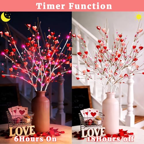 Agusbagli 3 Pack Valentines Day Decor 30in Lighted Valentine’s Day Picks with 60LED Pink Lights Artificial Red Heart Berry Flower Stems Timer Battery Operated Valentines Day Decorations for Home
