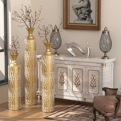 Metal Floor Vases Decorative, Set of 3 Flower Arrangement Stand, Metal Decorative Vase Tall Distressed Metallic Centerpiece Vases with Growing Vine Patterns, 34", 29", 25" H (Antique Gold1) - color: Antique Gold1