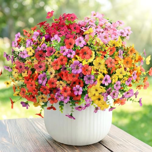 Kingsboomy Artificial Flowers for Outdoors, Faux Plants Flowers, 12 Bundles Silk Colorful Fake Flowers Eucalyptus Realistic UV Resistant for Outside Home Planter Porch Patio Yard Decor (12, 6 Colors) - color: 6 Colors