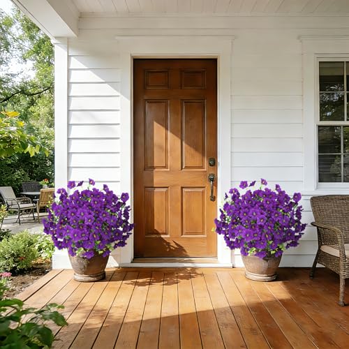 Roberly 12 Bundles Artificial Flowers for Outdoors, Fake Flowers Silk Morning Glory with Eucalyptus UV Resistant Faux Plants for Spring Summer Garden Outside Porch Patio Yard Home Decor, Purple - color: Purple
